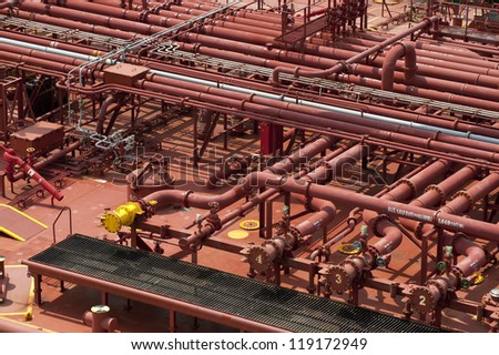 Pipes on tanker ship, elevated view, Panama, Central America