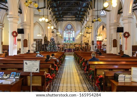 HONGKONG - JANUARY 18: famous St. Johns Cathedral on January 18, 2013 in Hong Kong. St. John\'s Cathedral is the oldest Western ecclesiastical building and the oldest Anglican church in the Far East.