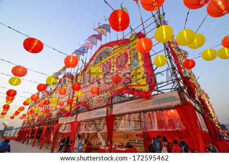 HONG KONG- JANUARY 18:decoration of West Kowloon bamboo theater in Hong Kong on Jan 18 2014. It is the culture program including Cantonese opera, dance and music concerts in a Bamboo Theatre Fair