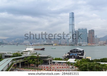 HONG KONG - MAY 30, 2015: International Commerce Centre in Hong Kong. ICC Tower is a 118-storey, 484 m commercial skyscraper completed in 2010 in West Kowloon, Hong Kong.