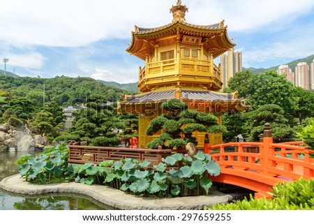 The oriental pavilion of absolute perfection in Nan Lian Garden, Chi Lin Nunnery, Hong Kong. The name of the tower means \'Perfect virtue\'