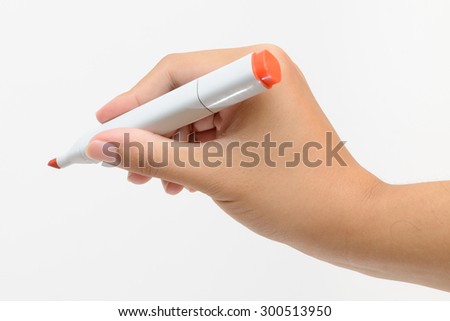 Right hand holding red marker for writing isolated on white background