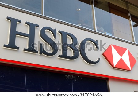 HONG KONG- MAY 8, 2015: HSBC bank logo in Hong Kong - HSBC is a British multinational banking and financial services and headquartered in London.