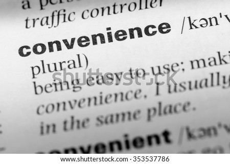 Close up of English dictionary page with word convenience