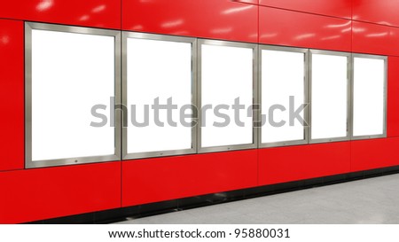 Six big vertical / portrait orientation blank billboard on modern red wall