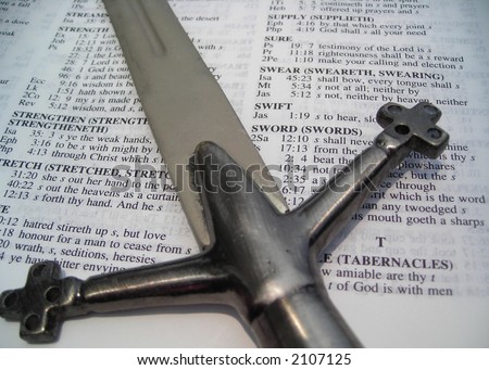 The bible, the word of God is also liken to a sword. This bible is taken with a sword and located at the spot where swords are used in the bible