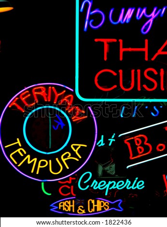 neon signs of international food court/gallery with fish & chips