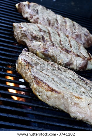 Grilling steaks on the grill nice cuts of meat close up shot shallow DOF