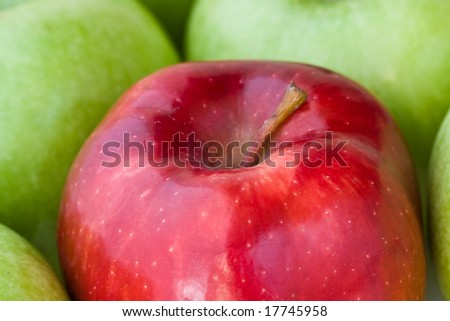 one red apple mixed in with a bunch of green apples