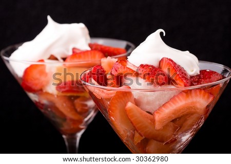 Strawberry shortcake in a martini glass sponge cake and whip cream