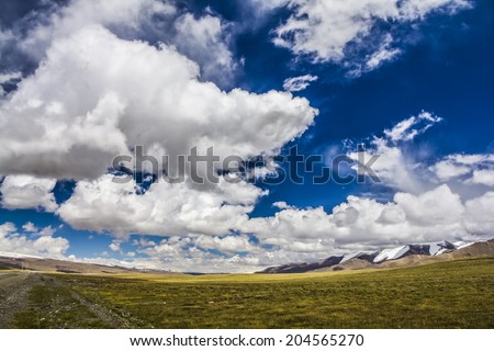 Panoramic view of high mountains. Meadow with green grass under blue sky with light clouds