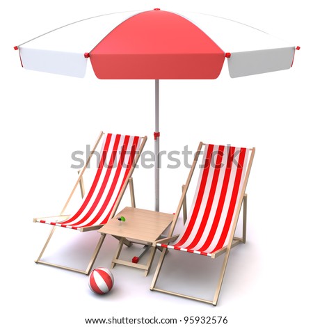 Illustration of deck chairs with table, umbrella and ball.