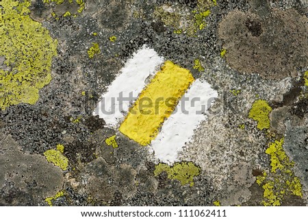 Texture closeup of yellow mountain hiking sign aged with cracks, painted on rock covered with different species of high mountain moss.