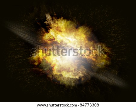 Powerful explosion blast on black background with debris