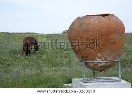 big clay pot/pipkin at an open-air museum and two donkeys