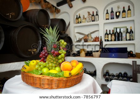 fruits arrangement on the table of a rustic restaurant