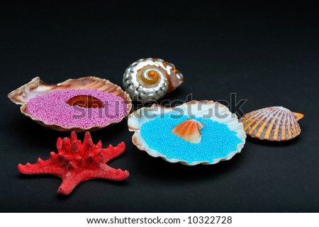 colorful bath salt crystals in seashells and a red starfish on black background