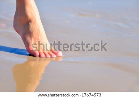 nice woman leg on the wet sand