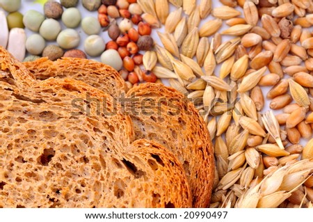 colorful cereal seeds background and toasted bread