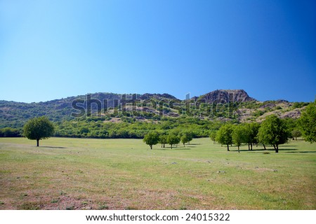fields and mountains in spring with a blue sky