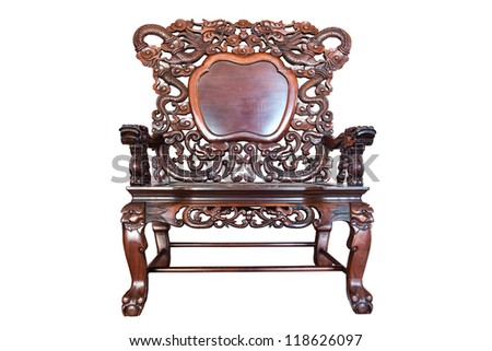 Old large wooden polished chinese chair with brown patterns, isolated in white