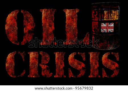Global economic oil crisis with vintage rusty oil drum and grudge text background. Suitable for all oil crisis economic business concept, logo, icon design. With UK flag.