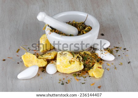 Mortar and pestle with homemade natural and organic products