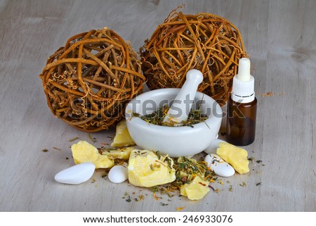 Mortar and pestle with homemade natural and organic products