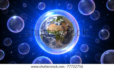 Our home the earth with Africa - Europe - Middle East in a bubble atmosphere in a bubbles universe, 3D concept 16:9