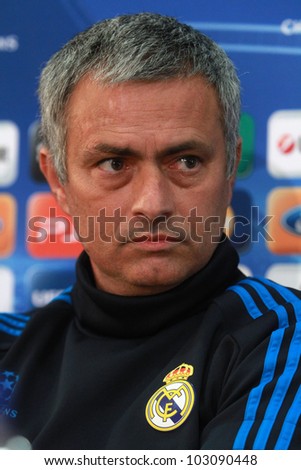 NICOSIA,CYPRUS,MARCH 26:Jose Mourinho during  press conference  of the UEFA Champions League match between APOEL and Real Madrid at GSP Stadium on March 26, 2012 in Nicosia, Cyprus.