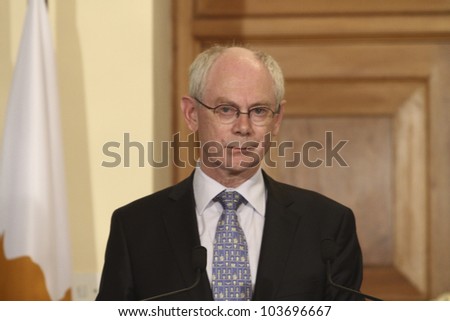 NICOSIA,CYPRUS-MAY 28:Herman Van Rompuy president of European Council during the meeting with Cypriot President Demetris Christofias on  May 28,2012 in Nicosia, Cyprus