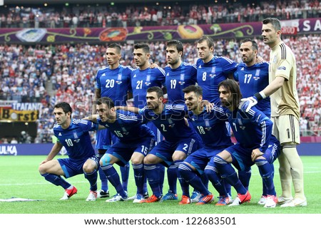 WARSAW,POLAND- JUNE 8,2012:Greek football team during the game between Greece and Poland for Euro 2012 in Warsaw on June 8,2012
