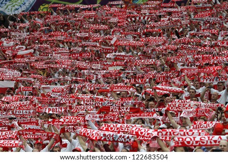 WARSAW,POLAND- JUNE 8,2012:Polish fans during the game between Greece and Poland for Euro 2012 in Warsaw on June 8,2012