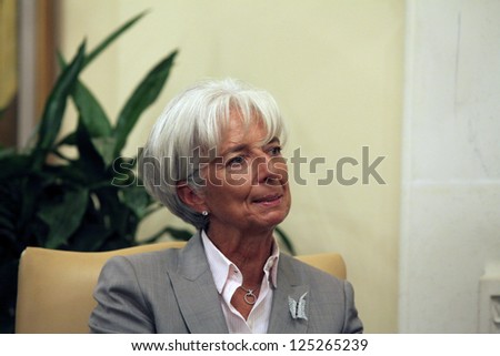 CYPRUS,NICOSIA-SEPTEMBER  13:International Monetary Fund (IMF) chief Christine Lagarde during a meeting with Cypriot President Dimitis Christofias  in Nicosia on September 13,2012