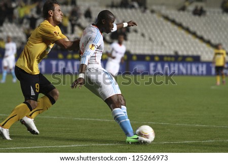 CYPRUS,NICOSIA-DECEMBER 06:Rod Fanni and Orlando Sa during the UEFA Europa League  match AEL Limassol FC vs Olympique Marseille  , on December 6, 2012, at the GSP  stadium in Nicosia,Cyprus