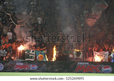 GREECE, THESSALONIKI-AUGUST 23:Paok  FC fans against Rapid Wien, during their first leg of the UEFA Europa  League playoff  at the Toumpa Stadium, in Thessaloniki, on August 23, 2012