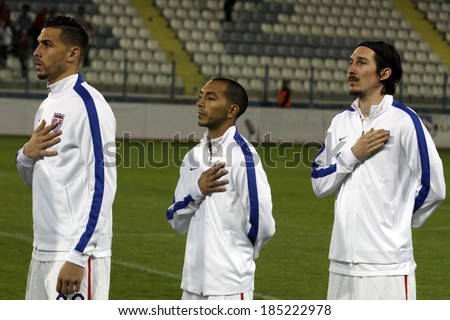 LARNACA, CYPRUS - MARCH 05: The USA team stands for the national anthem during the Ukraine v USA International Friendly at Antonis Papadopoulos stadium on March 5, 2014 in Larnaca, Cyprus