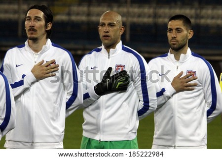 LARNACA, CYPRUS - MARCH 05: The USA team stands for the national anthem during the Ukraine v USA International Friendly at Antonis Papadopoulos stadium on March 5, 2014 in Larnaca, Cyprus