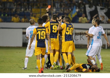 CYPRUS, LARNAKA-JUL 30: Zenit player Witsel  gets a red card during the Champions League third qualifying round second leg  against AEL in Larnaca, Cyprus, Tuesday, July 30, 2014