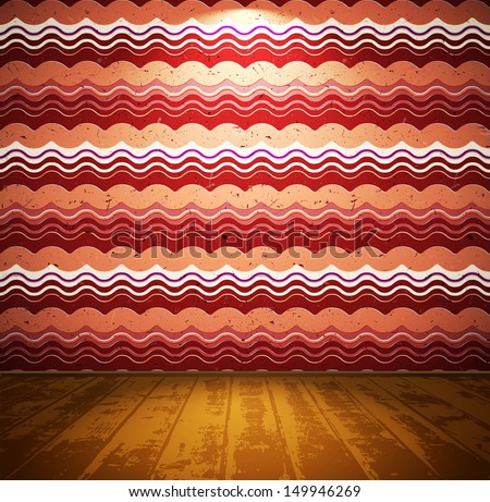 Retro room with wavy wallpaper and wooden floor