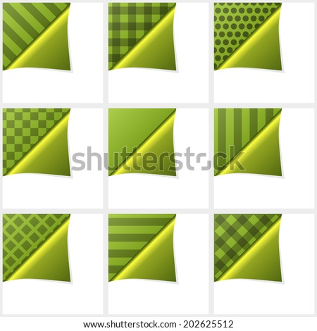 Green clean peeling corners set on seamless background patterns