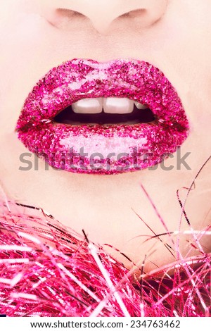 Glamour fashion bright pink lips gloss make-up with pink glitter
