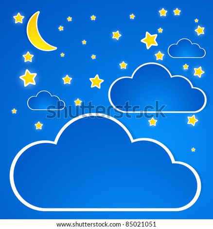 Sky with clouds, stars and moon. Illustration