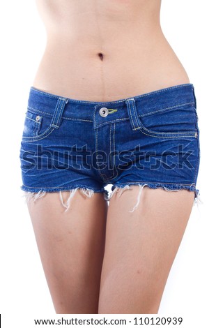 Young asian woman wearing blue short jean on white background