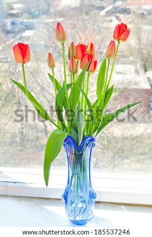 a vase of tulips on the windowsill