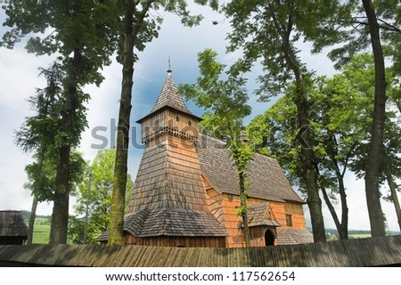 Church of the Blessed Archangel Michael in Debno - wooden Gothic church in Europe,  old wooden church in Poland. UNESCO World Heritage