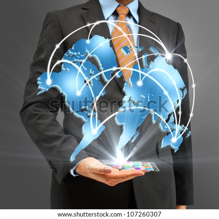 Business people holding glass phone with global business concept