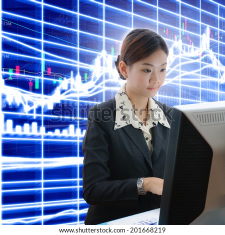 Asia yong businesswoman working hard on blue stock background