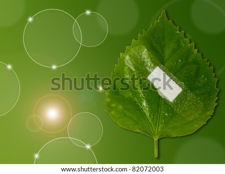 eco ecology or nature protection concept with leaf and bandage on green background