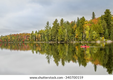 Man Paddling a Kayak in Autumn - Algonquin Provincial Park, Ontario, Canada